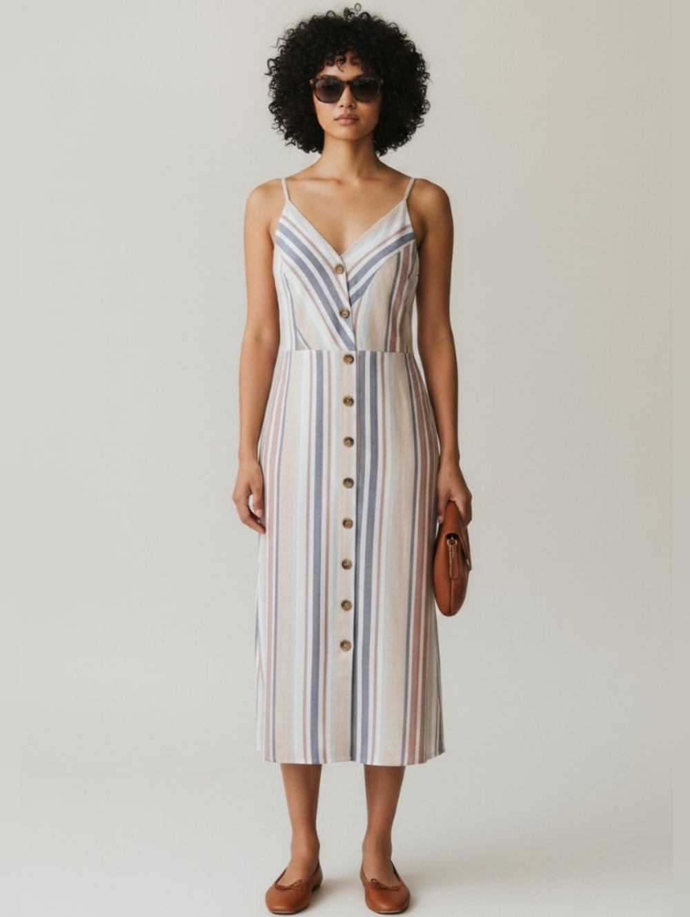 Express Striped Midi Dress Cotton Blend V-Neck Ruched Back Button Detail